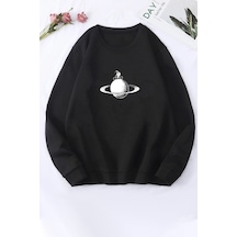 Unisex Astronaut Rides Baskılı Bisiklet Yaka Sweatshirt Siyah
