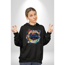 Sulu Boya Pug Köpek Kadın Erkek Siyah Kapüşonlu Sweatshirt Hoodie Siyah