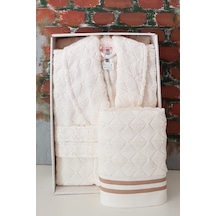 Krem Squares Şal Yaka Bornoz + Baş Havlusu Set- L Beden