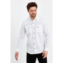 Cool Tarz Erkek Beyaz Çift Cepli Çıt Çıt Düğmeli Slim Fit Kot Gömlek Beyaz Beyaz