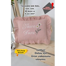 Gros Shop Müslin Yeni Doğan 4katlı Organik %100pamuk Kişiye Özgü Nakışlı Hastane Çıkış Seti Pudra Papatyalı Ekru