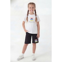 Panios Kids Yuvarlak Yaka Tişörtlü Kaprili Baskı Detaylı Kız Çocuk Alt Üst Takım Beyaz