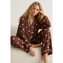 Siyah İnci Düğmeli Biyeli Oversize Pamuklu Örme Pijama Takım 8071 Kahverengi