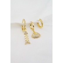 Kadın Altın Kaplama Zirkon Taşlı Deniz Kabuğu Figürlü 3'lü Küpe Seti Altın