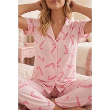 Fit Women Baston Şeker Desenli Milan Kumaş Düğmeli Kısa Kollu Pijama Takımı 4587 Açık Pembe