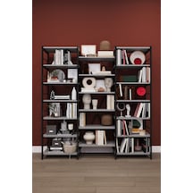 Modern 18 Raflı Metal Kitaplık Üçlü Ayrılabilir Modül Dekoratif Çok Amaçlı Kitaplık Metalk03 Kül Gri