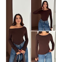 Elaxi Kadın Kayık Yaka Parmak Geçmeli Uzun Kollu Full Likralı Pamuk Viskon Buzzy Body Tişort Kahverengi