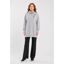 Neden Tekstil Kadın Gri Uzun Triko Sweatshirt Fermuarlı Yaka