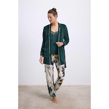İkikareshop Kadife Sabahlık, Dantelli Atlet Ve Desenli Pantolon Pijama Takımı Çok Renkli