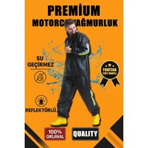 Erkek Premium Motorcu Kurye Yağmurluk Takım Su Geçirmez Pvc Kumaş Reflektörlü - Siyah Siyah