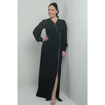 By Saygı Kadın Kolları Şifon Tüy Detaylı Taşlı B.b Uzun Elbise-40891 Siyah