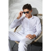 Tudors Erkek Slim Fit Dar Kesim Uzun Kollu %100 Pamuk Keten Doku Çizgili Gömlek-42645 Mavi