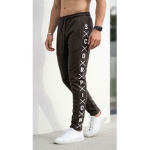 Plus Scorpion Erkek Slim Fit Eşofman Altı Yazılı Şerit Detaylı, Dar Paça Jogger Pantolon Kahverengi