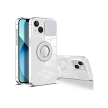 Ally Apple iPhone Uyumlu 13 Mini 5.4inç Kılıf Sürgülü Kamera Lens Korumalı Yüzük Standlı Silikon Kılıf- 5775 Renk: Pembe