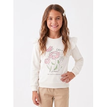 Onloox Kız Çocuk Ekru Kız Çocuk Ekru Pamuklu Bisiklet Yaka Regular Kalıp Omuzları Çiçek Nakışlı Sweatshirt 3-4 Yaş