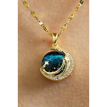 Altın Renk Singapur Zincir Mavi Zirkon Taşlı Gezegen Vip Solmaz Kararmaz Çelik Kolye - 3044 Altın