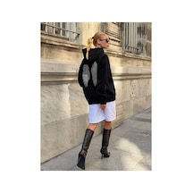 Zdnjeans Kadın Taşlı Kanat Baskılı Oversize Kapüşonlu Sweatshirt siyah