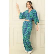 By Saygı Ön Arka V Yaka Yarasa Kol Bluz Beli Lastikli Cepli Palazzo Pantolon Çiçek Desenli 2'li Takım-34127-saks Saks Mavisi
