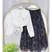 Lovie Moda Kadın Beyaz Gömlekli Tül Etek Takım - Siyah Bordo