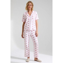 Benerly Kadın Müslin Dokuma Gömlek Yaka Kısa Kol Kalp Desenli Pijama Takı Pembe