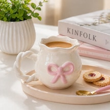 Donna Pembe Fiyonklu Seramik Kupa - 350 Ml Kahve Ve Çay Kupası Beyaz - Çok Renkli