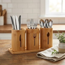 3'lü Doğal Bambu Kaşıklık Seti - Ahşap Standlı Tezgah Üstü Çatal Kaşık Bıçak Düzenleyici Şık Mutfak Organizeri Stand: 33x13x2 Cm/kaşıklık: 10x12 Cm Çok Renkli