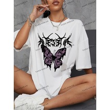 Startmore Unisex Bay Kelebek Ve Harf Grafikli Oversize Tişört Kod-1358 Beyaz