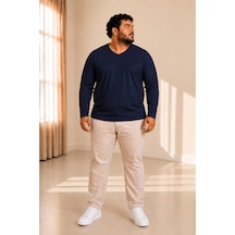 Sngl Tekstil Erkek Büyük Beden Oversize Uzun Kollu V Yaka T-shirt 3xl 4xl 5xl 6xl 7xl 8xl 9xl Lacivert
