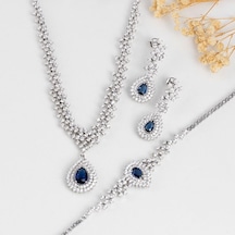 Gümüş Pazarım Hürrem Sultan Modeli Safir Taşllı Damla Motifli 925 Ayar Gümüş Set Gümüş