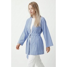 Saade Sââde Kadın Dikey Çizgili Geniş Kollu Şık Yazlık Relaxed Kimono Mavi