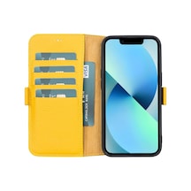 Apple Uyumlu iPhone 13 Deri Cüzdanlı Kılıf Limon Sarı