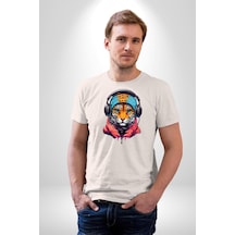 Kulaklık Kedi Leopar Bandana Unisex Unisex Beyaz Organik Baskılı T-shirt Penye Yüksek Kalite Beyaz