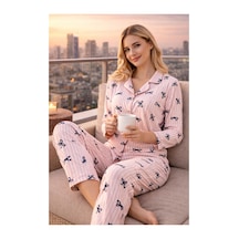 Rindahomewear Kadın Cizgili Fiyonk Desenli Milan Örme Uzun Kol Kadın Düğmeli Pijama Takımı Somon
