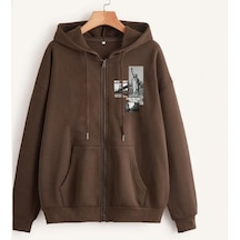 Altamira Unisex Kahverengi New York Fermuarlı Kapüşonlu Hırka 001