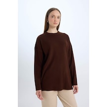 DeFacto Relax Fit Bisiklet Yaka Basic Düz Triko Tunik Kazak E2938AX24WNBN320 Kahve