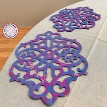 Uretti - Gülin 6449 - Ebru Sanatı İle Elde Yapılmış Lazer Kesim Keçe Supla 2li Takım 40cm - Mor Mor