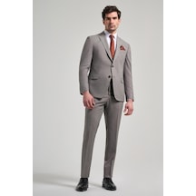 İmza Kendinden Desenli Bez Ayağı Mono Yaka Tam Astar Esnek 6 Drop Slim Fit Takım Elbise 1001250168 Koyu Bej