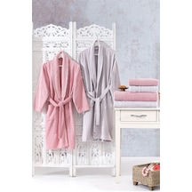 Family Dantelli Pudra & Lila Aile Bornoz Seti 6 Parça Çeyizlik Ka