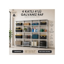 4 Katlı 4'lü Galvaniz Çelik Raf - Depo, Arşiv, Kiler, Dosya, Market Rafı, Mutfak Raf, Çok Amaçlı Raf 43x93x200 Cm Gri