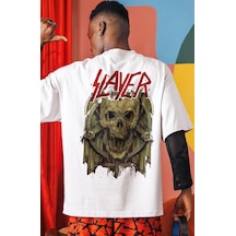 Slayer Rock Metal Müzik Grubu Sırt Baskılı Unisex Oversize Tişört Beyaz