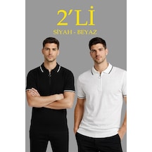 Erkek Triko Tişört Fermuarlı Polo Yaka Yazlık Kısa Kol T-shirt 2 Li Set Beyaz-siyah Çok Renkli