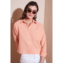 Lela Regular Fit Çizgili Göğüs Cepli Dokulu Bayan Gömlek 6772870 Oranj
