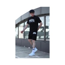 Erkek Alt-üst Tshirt-şort Kombini Paris Baskılı Pamuklu Oversize Takım Siyah