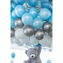 20 Adet Metalik Açık Mavi - Beyaz - Gümüş Gri Helyumla Uçabilen Balon Parlak Sedefli