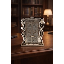 Taş İşlemeli Gümüş Biblo Allah & Muhammed S.a.v Kâbe Kapısı Taşlı Figürlü Masa Üstü Biblo 25 Cm Gri