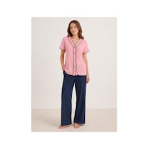 Pijamask Kadın Kısa Kollu Pamuklu Pijama Takım Lacivert