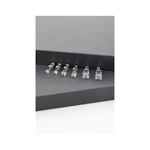 Kadın Basic Zirkon Taşlı 3 Boy Kare Model 6'lı Küpe Seti - Gümüş