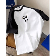 Panda Minimal Baskılı Süprem Beyaz Siyah Reglan Kol T-shirt - Oversize Bisiklet Yaka Tişört Beyaz-siyah-282500