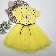 5-6-7 Yaş Payetli Kelebek Desenli Puantiyeli Kız Çocuk Elbisesi Sarı 001