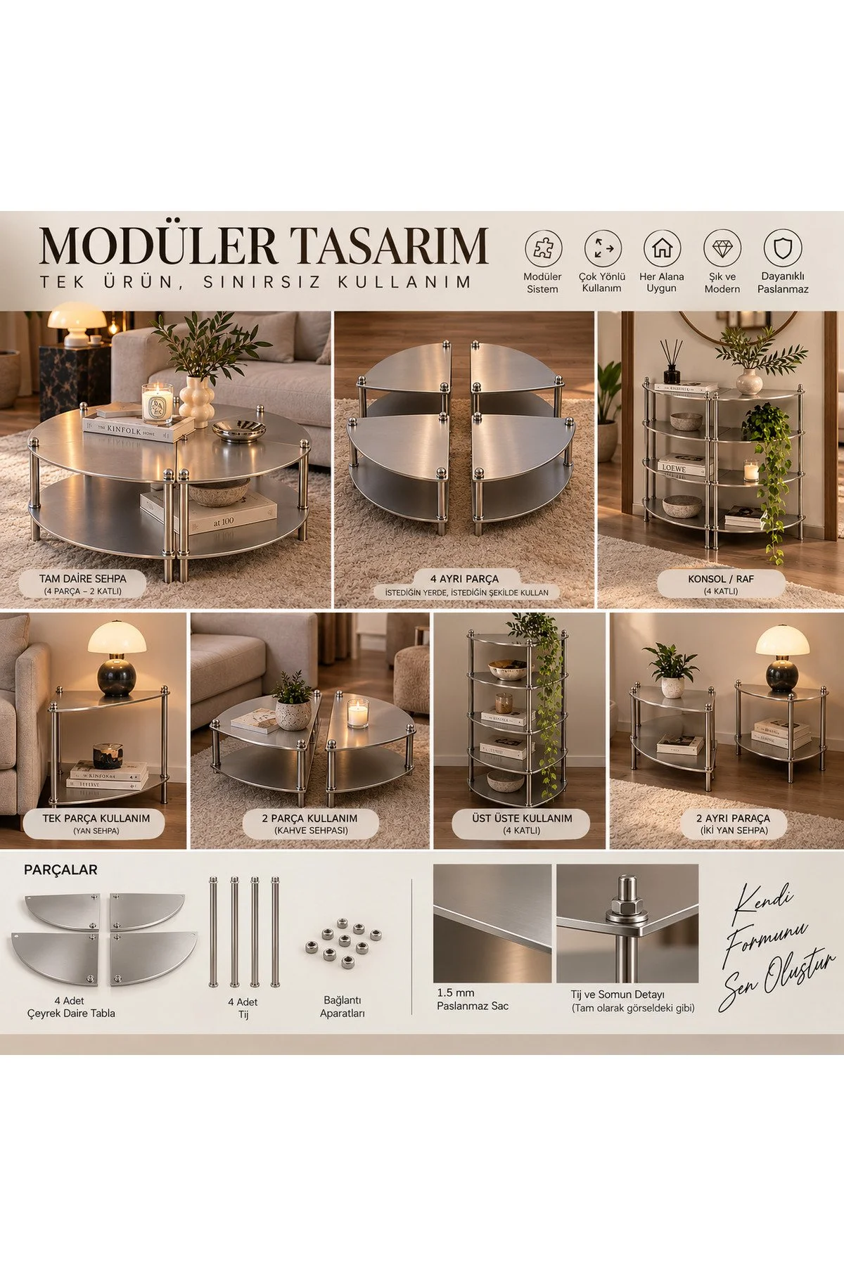 Modüler Krom Orta Sehpa Ve Raf Sistemi - 4 Parça Set 90 Cm Gri